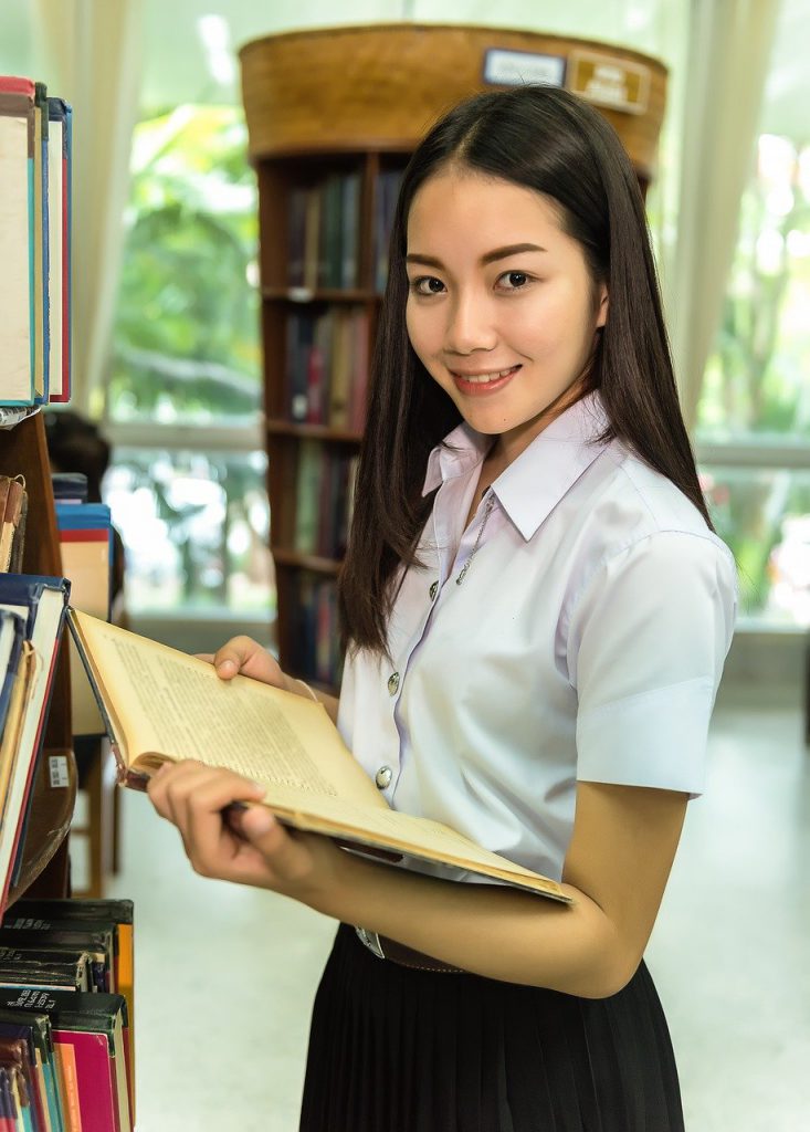 woman, library, students